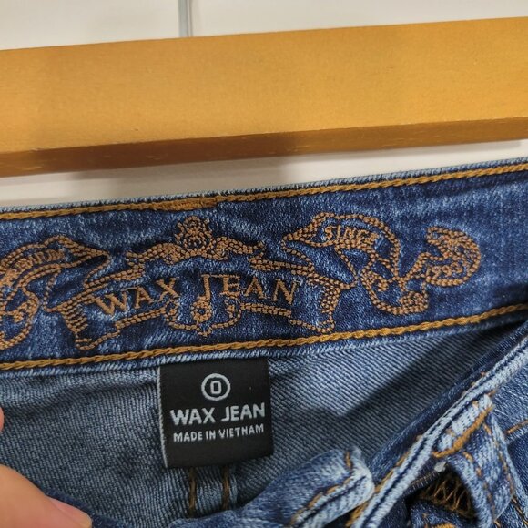 Wax Jean Mid Wash Sandblasted Whiskered Boot Cut Denim Jeans Stretch Size 0 - Picture 4 of 10